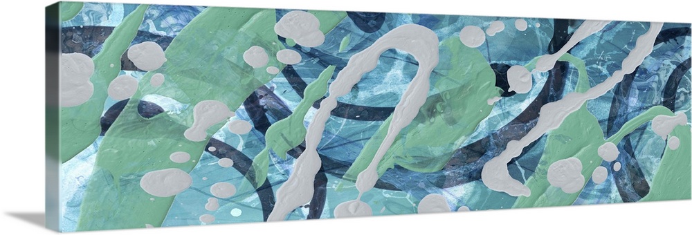 A contemporary abstract painting using thrown and dripped paint in blue and green.