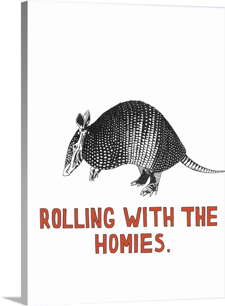 Black and white illustration of an armadillo with the phrase "Rolling With the Homies" handwritten at the bottom in red.