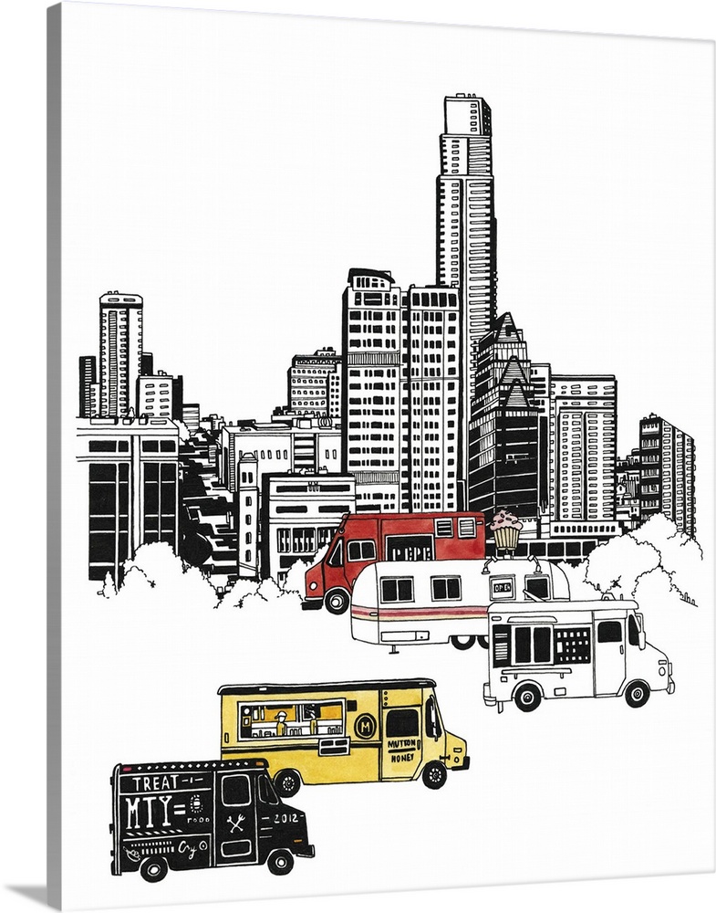 Black and white watercolor painting of the Austin, TX skyline with colorful food trucks in the foreground.