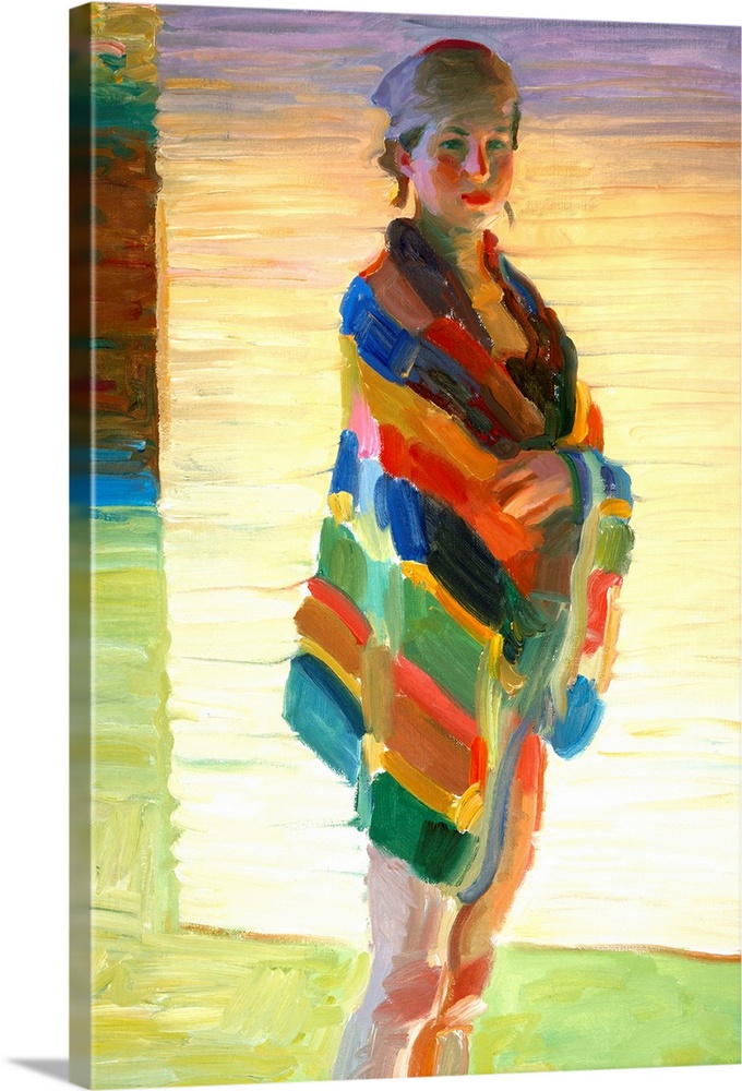 A contemporary painting of a portrait of a woman standing a with a beach towel wrapped around her.