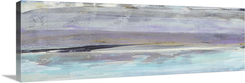 Panoramic abstract painting created with layering horizontal brushstrokes in cool tones.