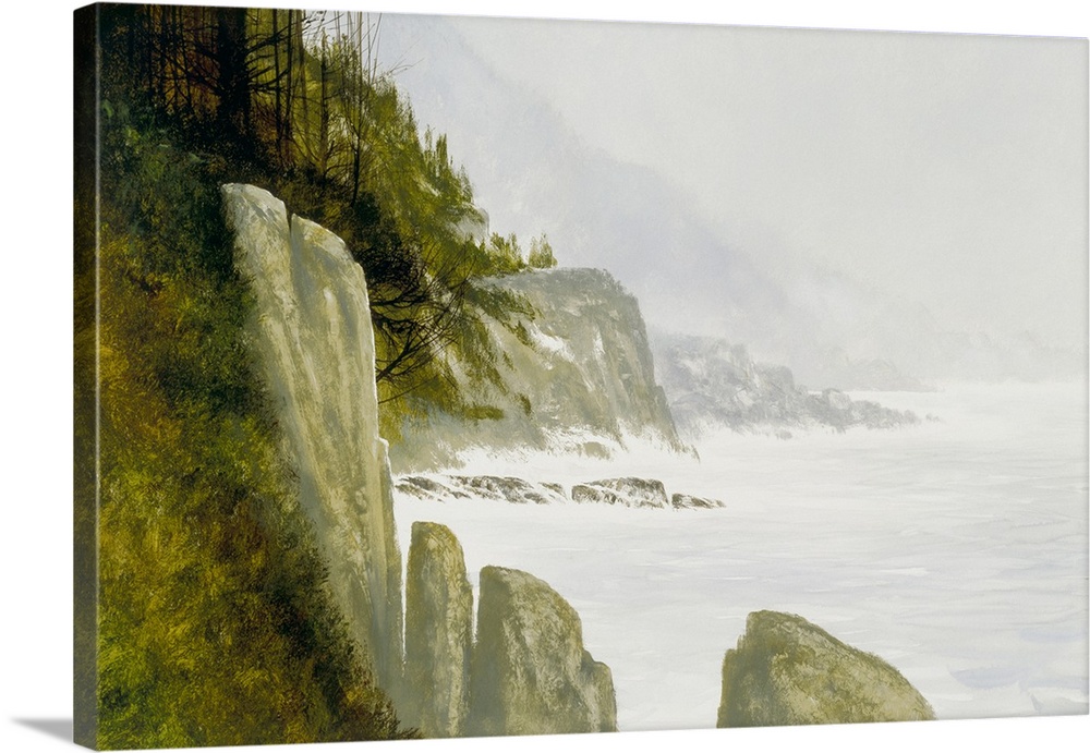 Contemporary painting of a rocky seaside with a misty background.