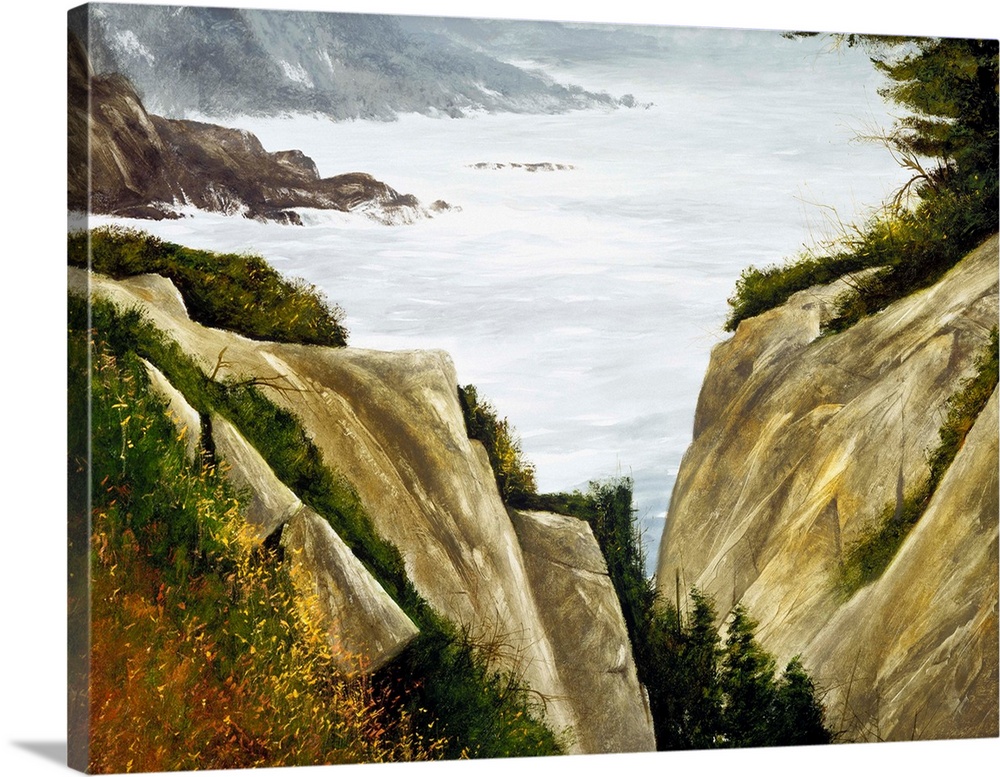 Contemporary painting of a rocky seaside.