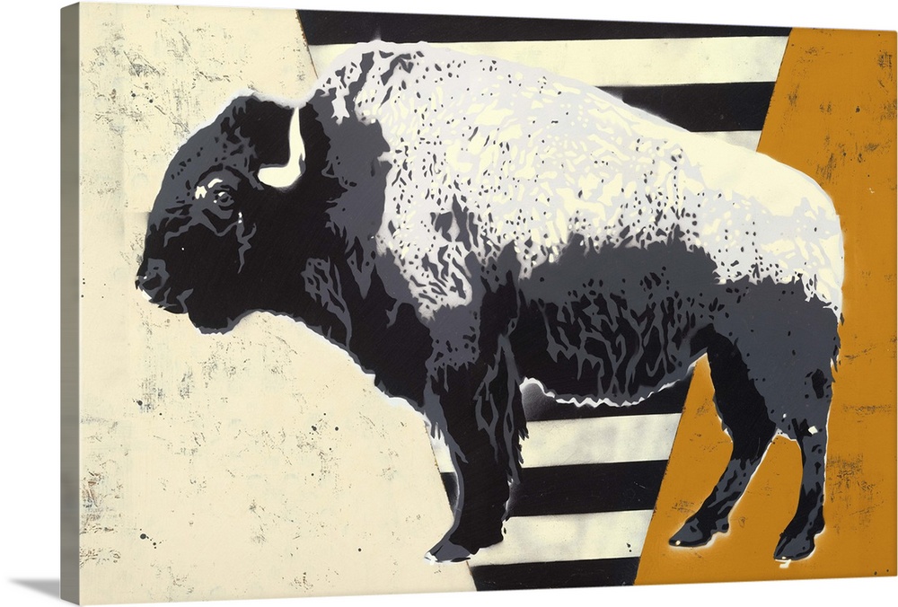 Contemporary digital illustration of a bison on a black, white, and orange background.