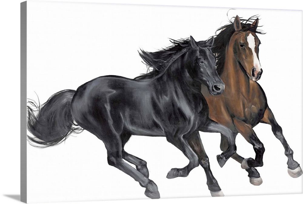 Contemporary painting of a black and brown horse galloping on a solid white background.