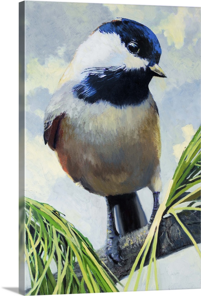 A contemporary painting of a garden bird perched on a branch.