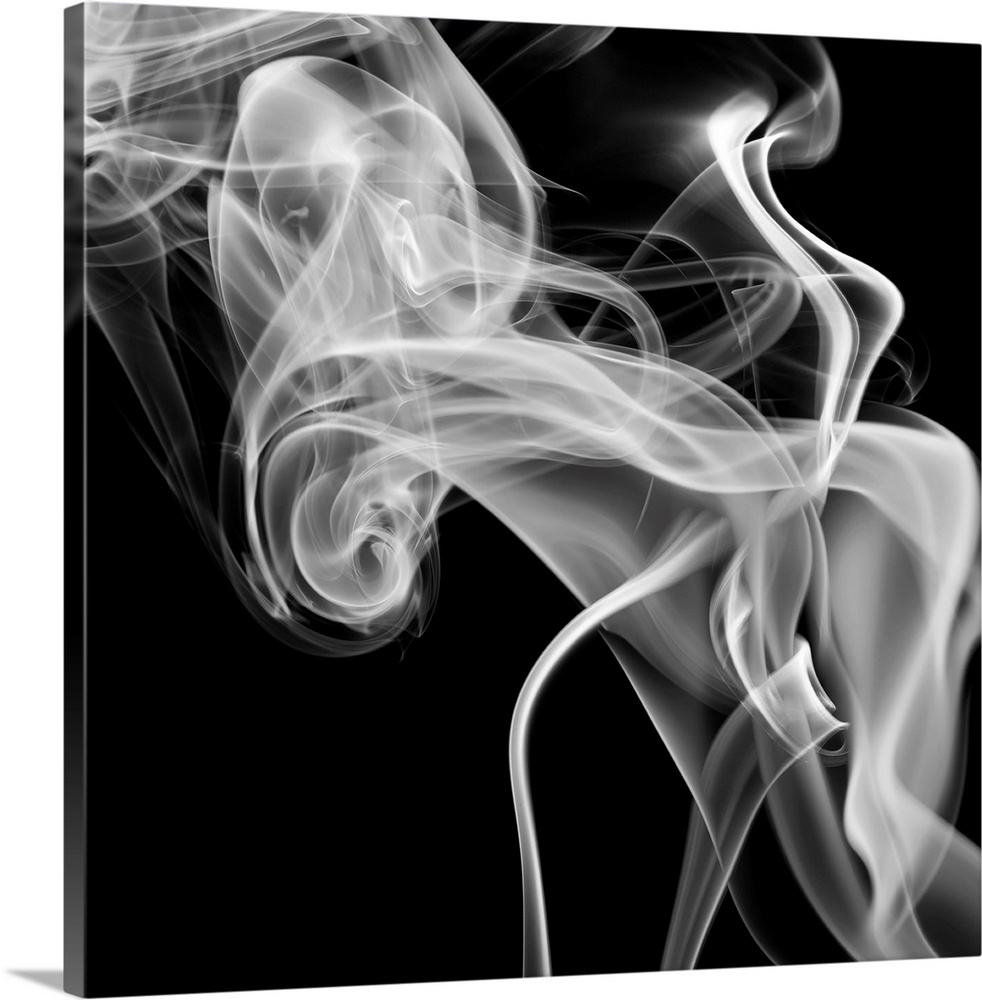 Square, oversized, big canvas art of a large cloud of smoke swirling on a solid black background.