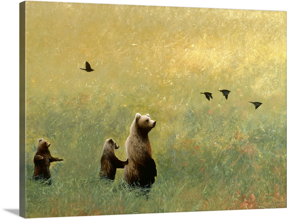 Contemporary painting of three brown bears in a grassy field with black birds flying above.