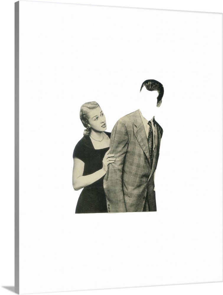 Conceptual abstract art of a woman and a man with no face on a solid white background.