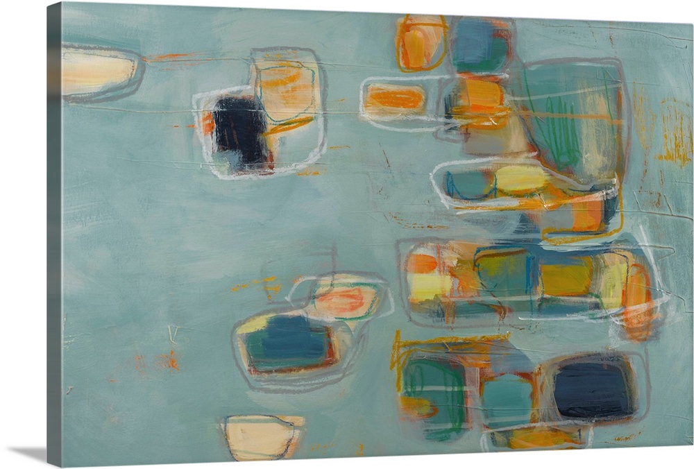Retro mid-century style abstract painting using soft geometric shapes and muted colors.