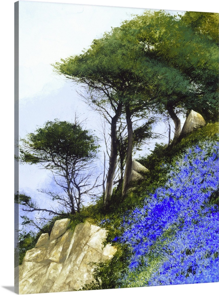 Contemporary painting of a lush, steep, rocky, hill with blue wildflowers.