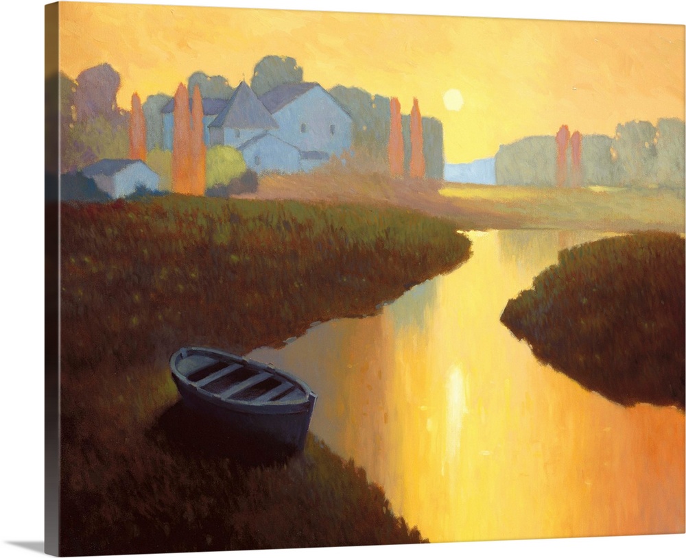 Contemporary painting of a boat on the shore of a river in orange dawn light.