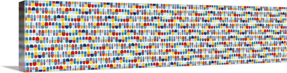 Large panoramic abstract watercolor painting with geometric patterns in shades of blue, yellow, and red.