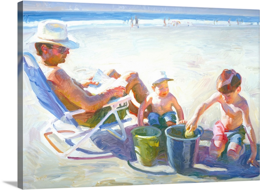 A contemporary painting of a family at the beach, with children playing in the sand.