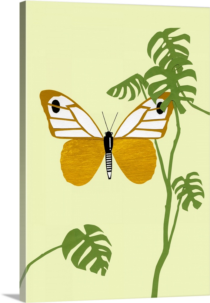 Contemporary art of a butterfly flying amongst tropical leaves, created with mixed media.
