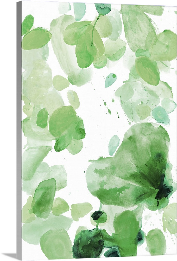Watercolor painting of in shades of green on white.