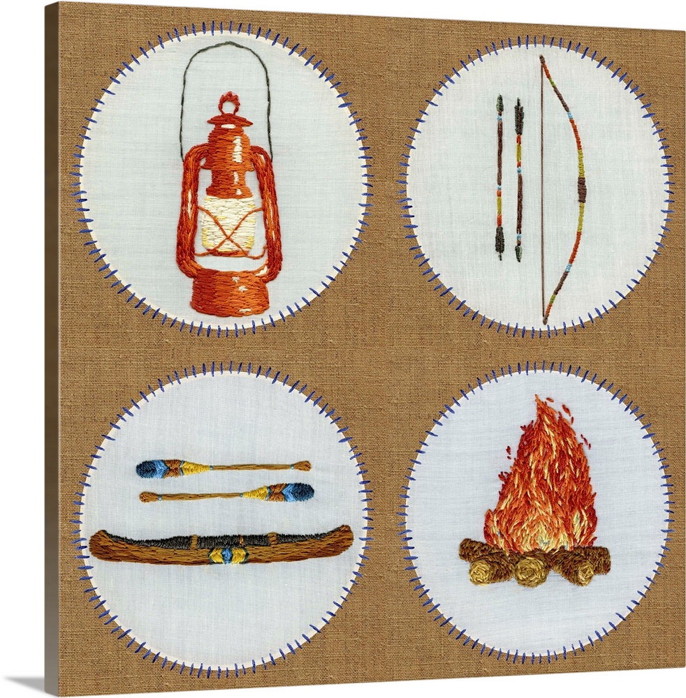 Square embroidered cabin art art of a lantern, canoe, bow and arrow, and fire pit.