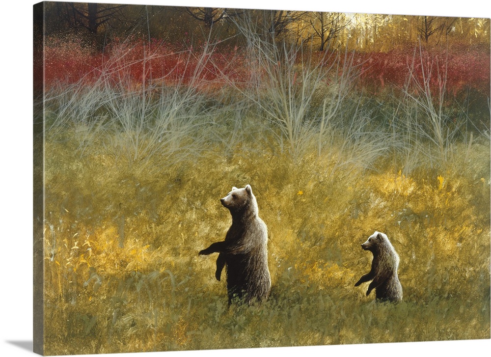 Contemporary painting of a brown bear and bear cub walking on two legs through an Autumn field.