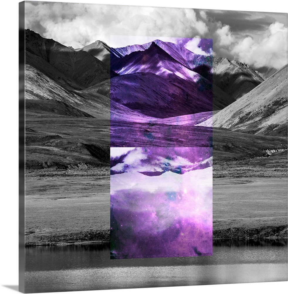 Black and white landscape with a rectangle of violet color in the center.