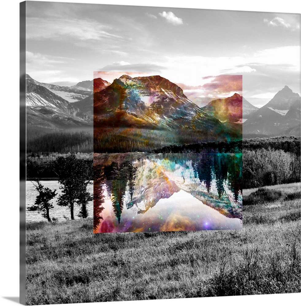 Black and white landscape with a square of rainbow color in the center.