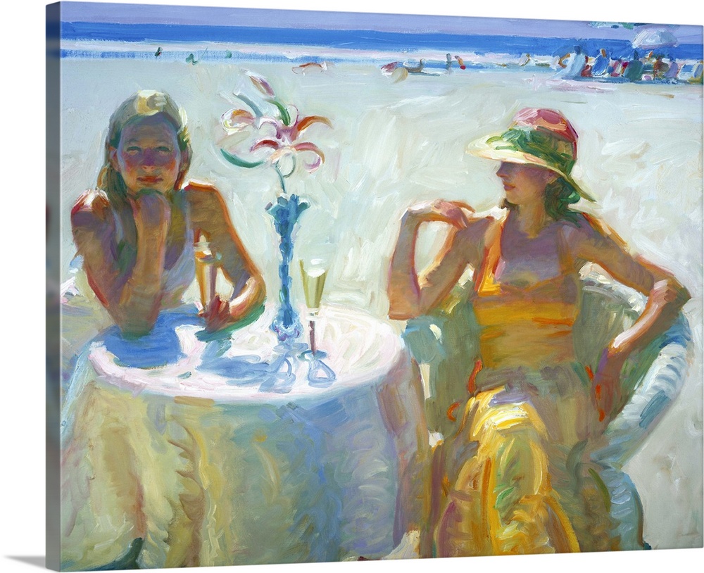 A contemporary painting of two women sitting at a dining table with champagne on the beach.