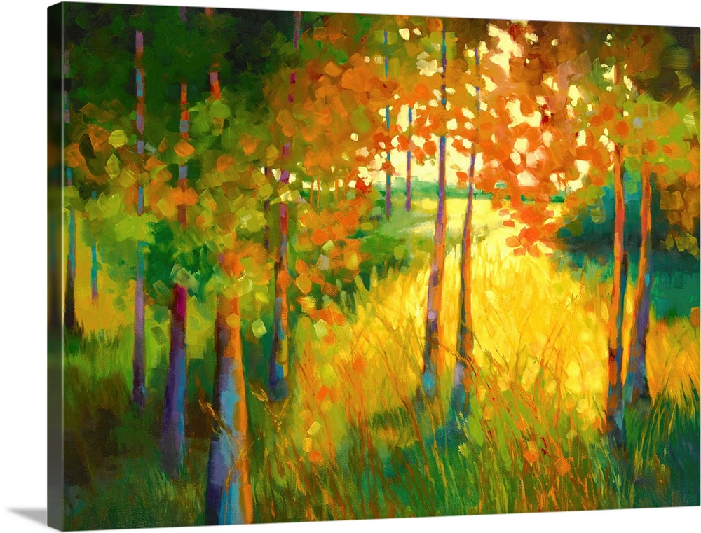 Contemporary abstract painting of a colorful landscape with Autumn trees.