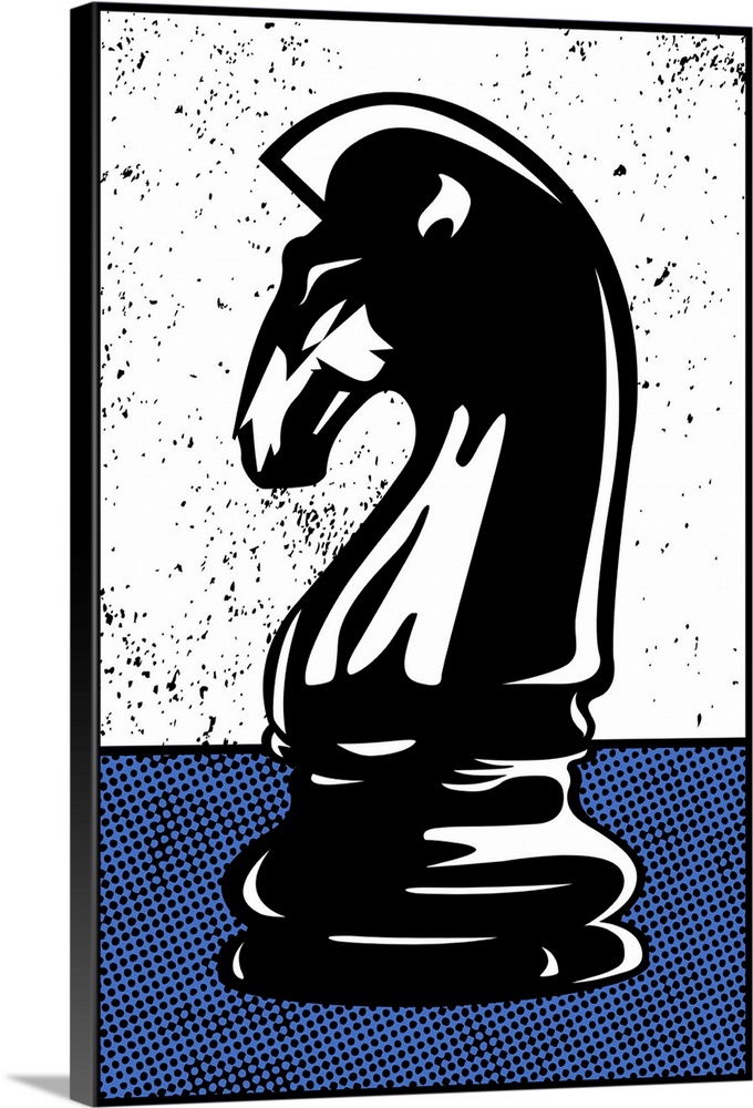 Digital illustration of a chess knight in black, white, and blue.