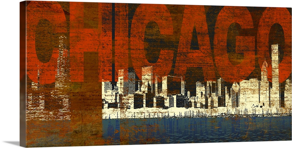 Panoramic abstract painting of a cityscape on a waterfront with large text in the sky on a grungy background.