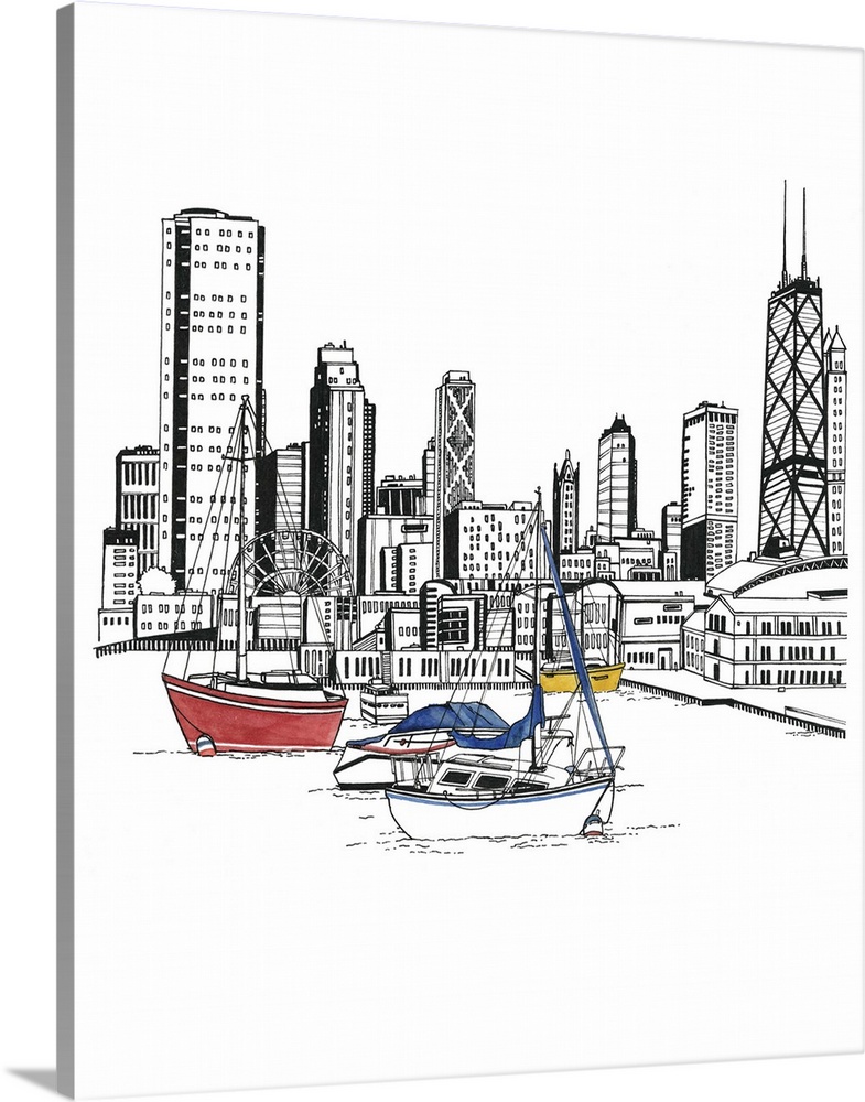 Black and white watercolor painting of the Chicago, IL skyline with colorful sailboats in the harbor.