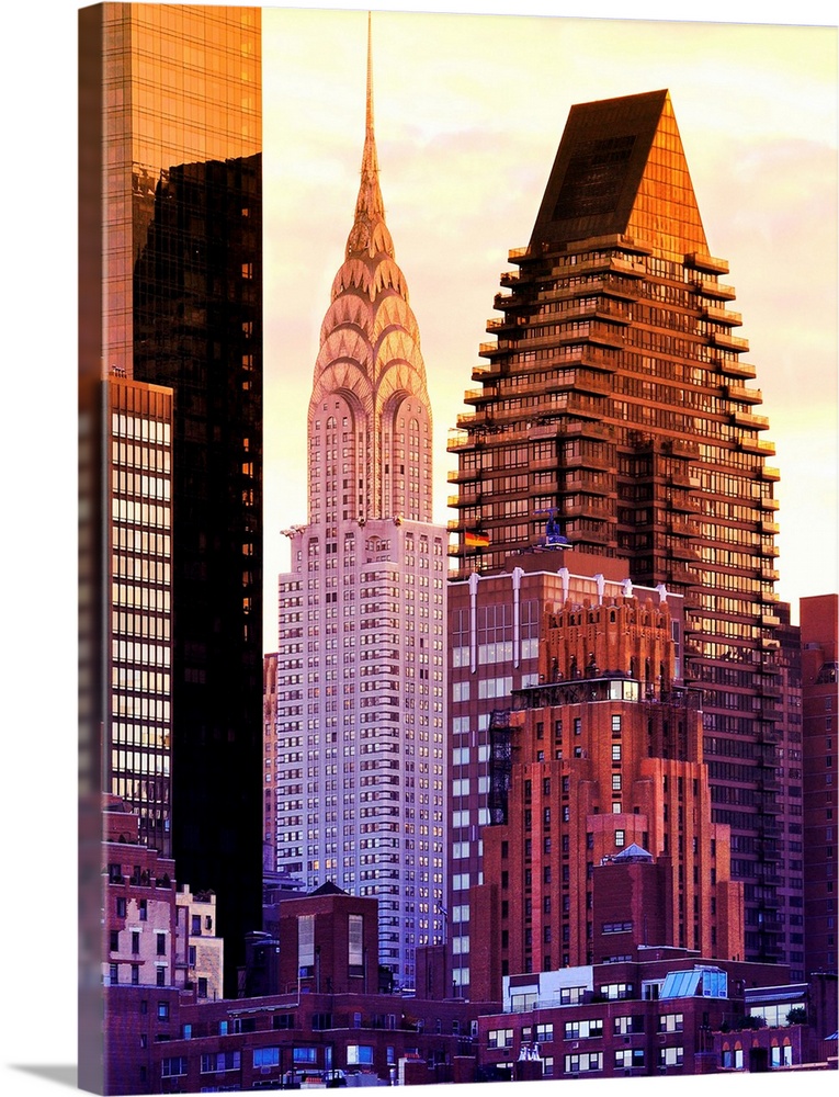 Vividly colored photograph of the Chrysler building and other skyscrapers in New York City.