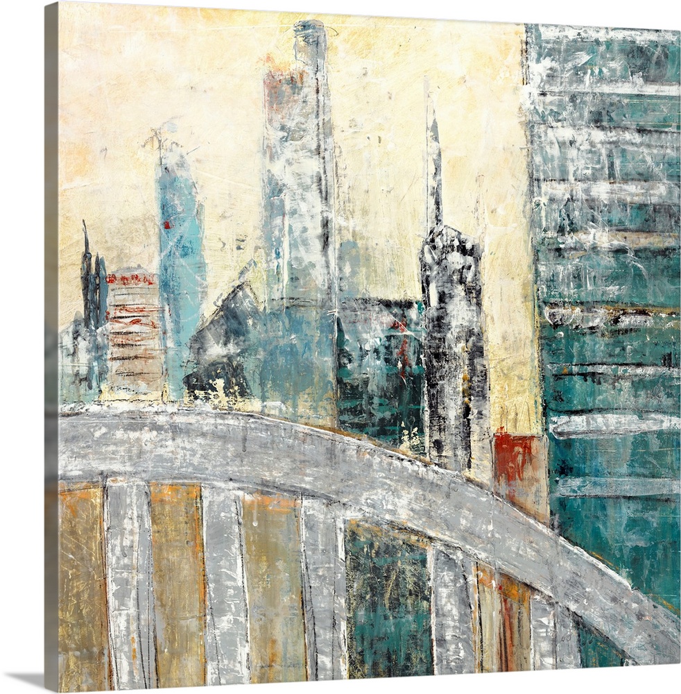 Square abstract painting of a cityscape using shades of blue, beige, orange, red, and grey.