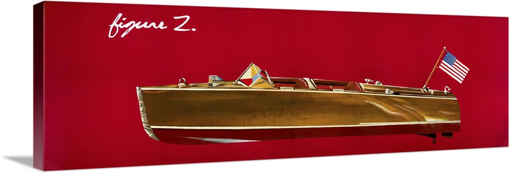 Contemporary painting of a brown motorboat with an American flag attached to the back on a bright red background.