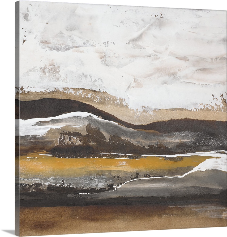Square abstract painting of a landscape created with wavy brushstrokes in shades of brown and grey.
