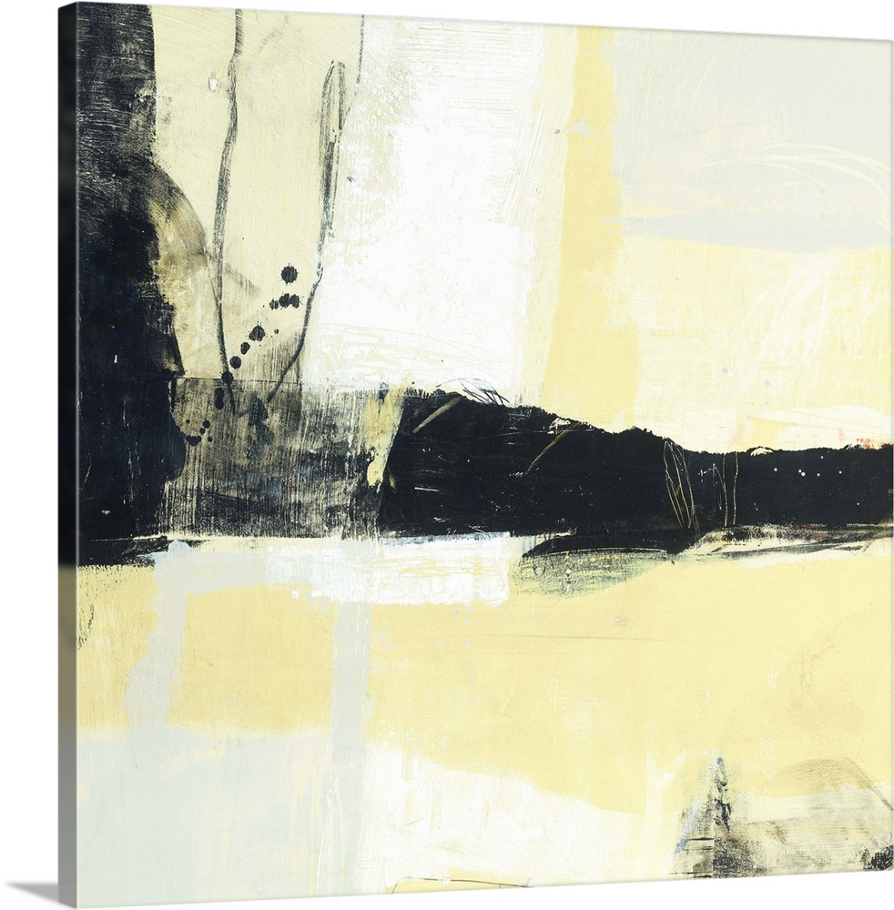 Contemporary abstract painting using pale yellow with black bold paint strokes.