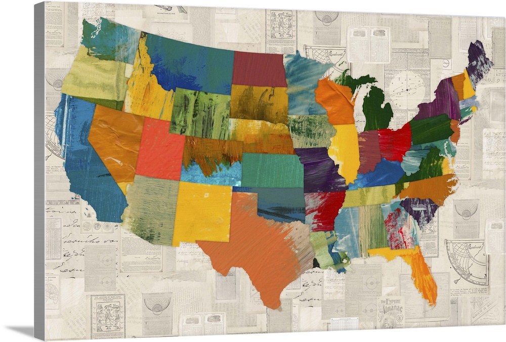 A map of the United States with each state in a different pattern and color.