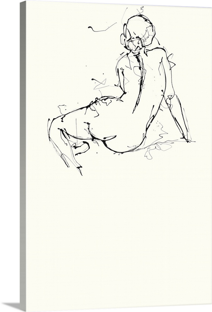 Contemporary nude sketch of the backside of a woman using black ink on an off white background.