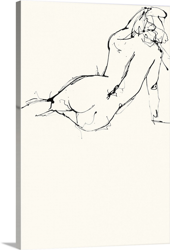Contemporary nude sketch of the backside of a woman using black ink on an off white background.
