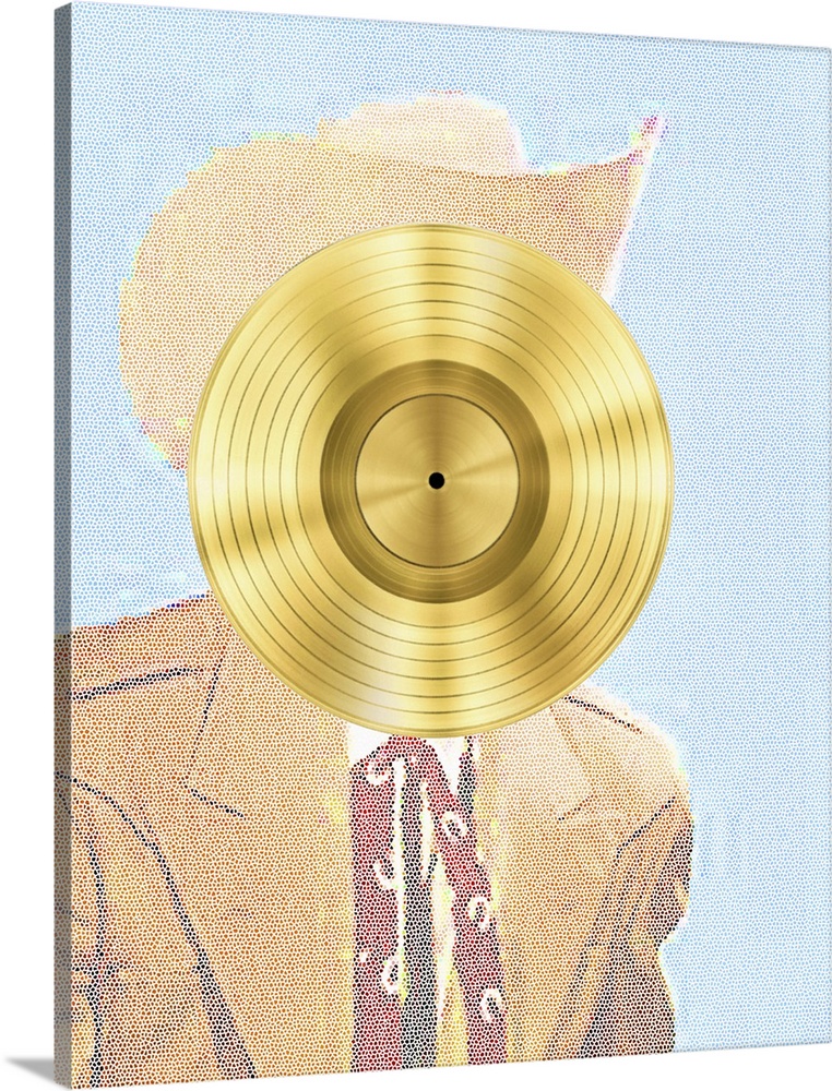 Mosaic illustration of a man wearing western ware with a gold vinyl record for a face, created with mixed media.