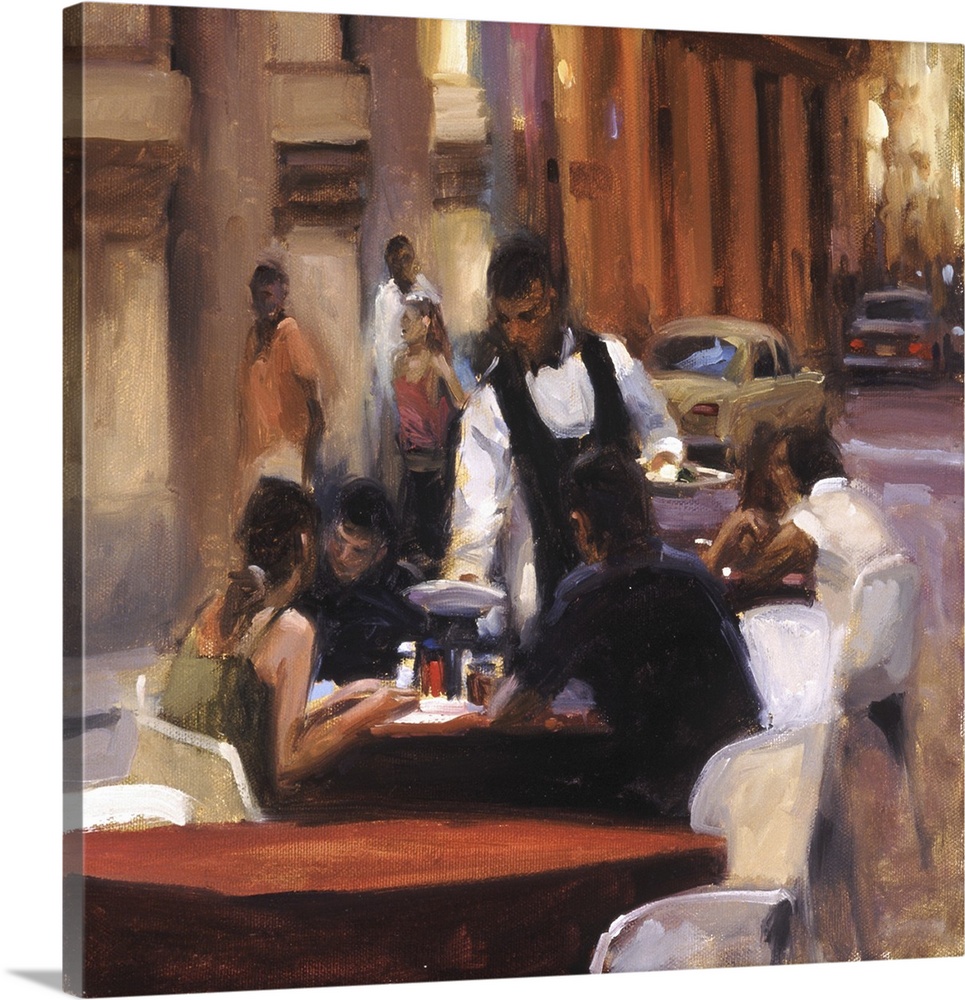 Painting of a couple dining outdoors with a waiter serving food.