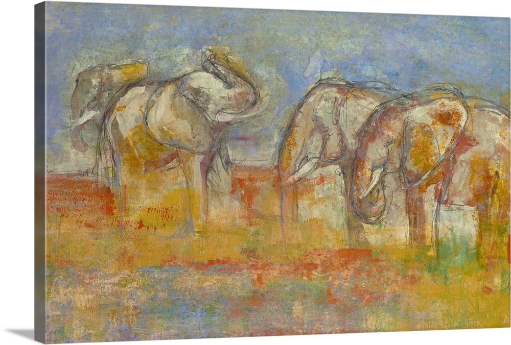 Contemporary abstract painting of four elephants in a colorful field made up of orange, blue, yellow, and green hues.