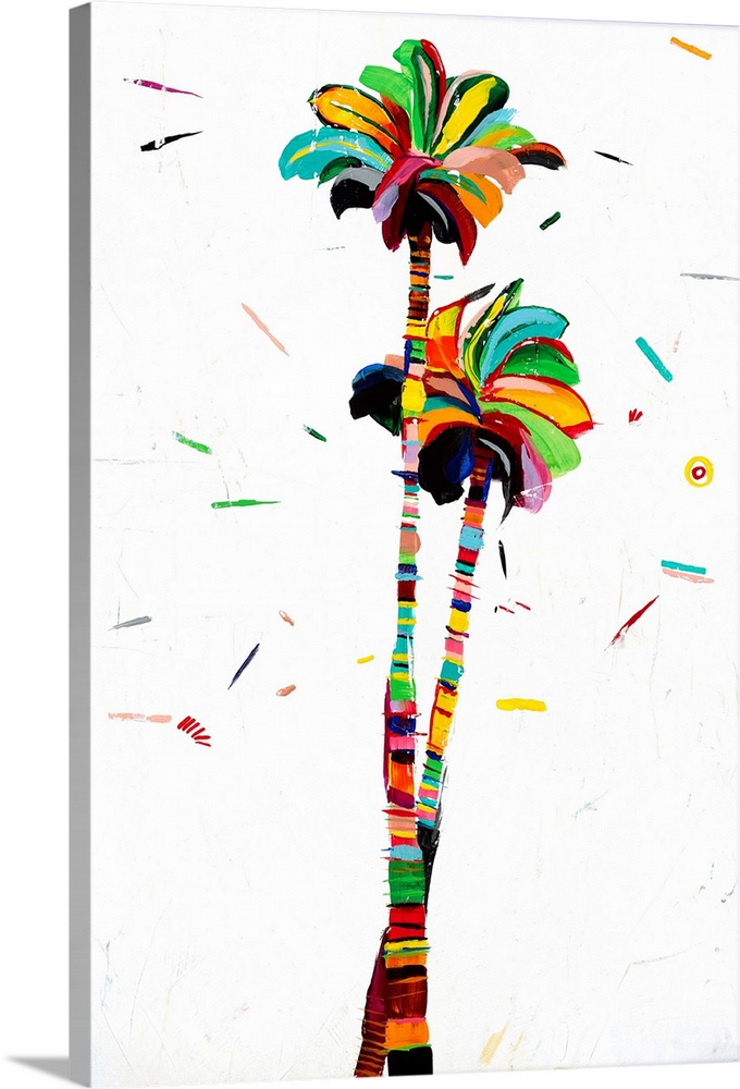 Colorful abstract painting of two palm trees on a white background with a few dashes of color.