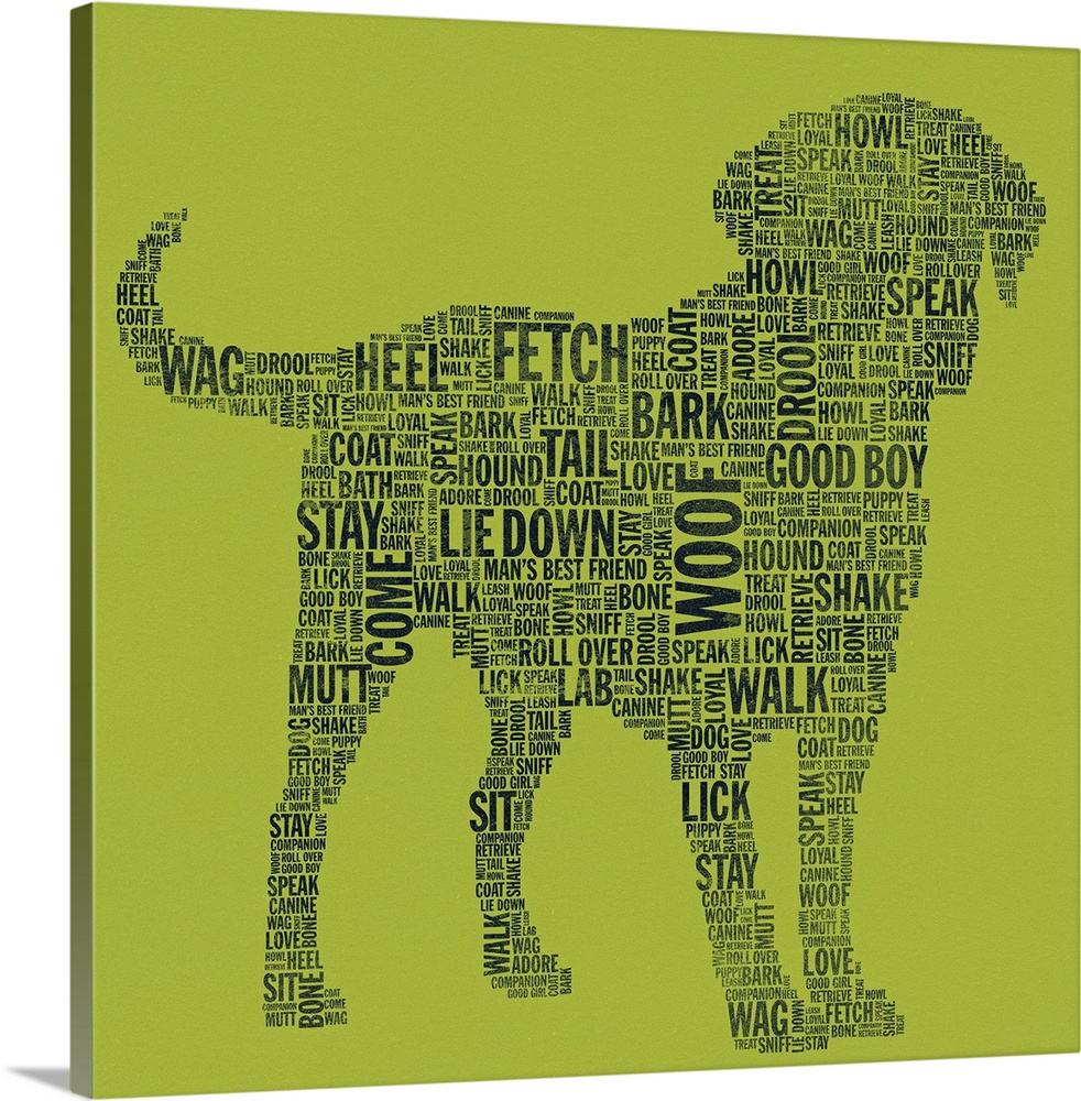 Huge illustration constructs the shape of a Labrador retriever filled in with different words describing dogs that include...