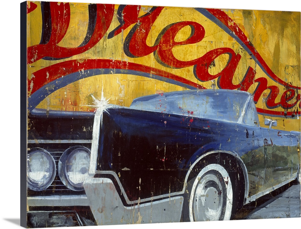 Large landscape artwork of side angle view of a vintage convertible car, shining in the sunlight.  Painted on the wall in ...