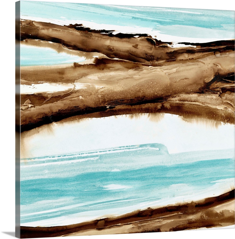 Abstract watercolor artwork of brown waves over teal blue.