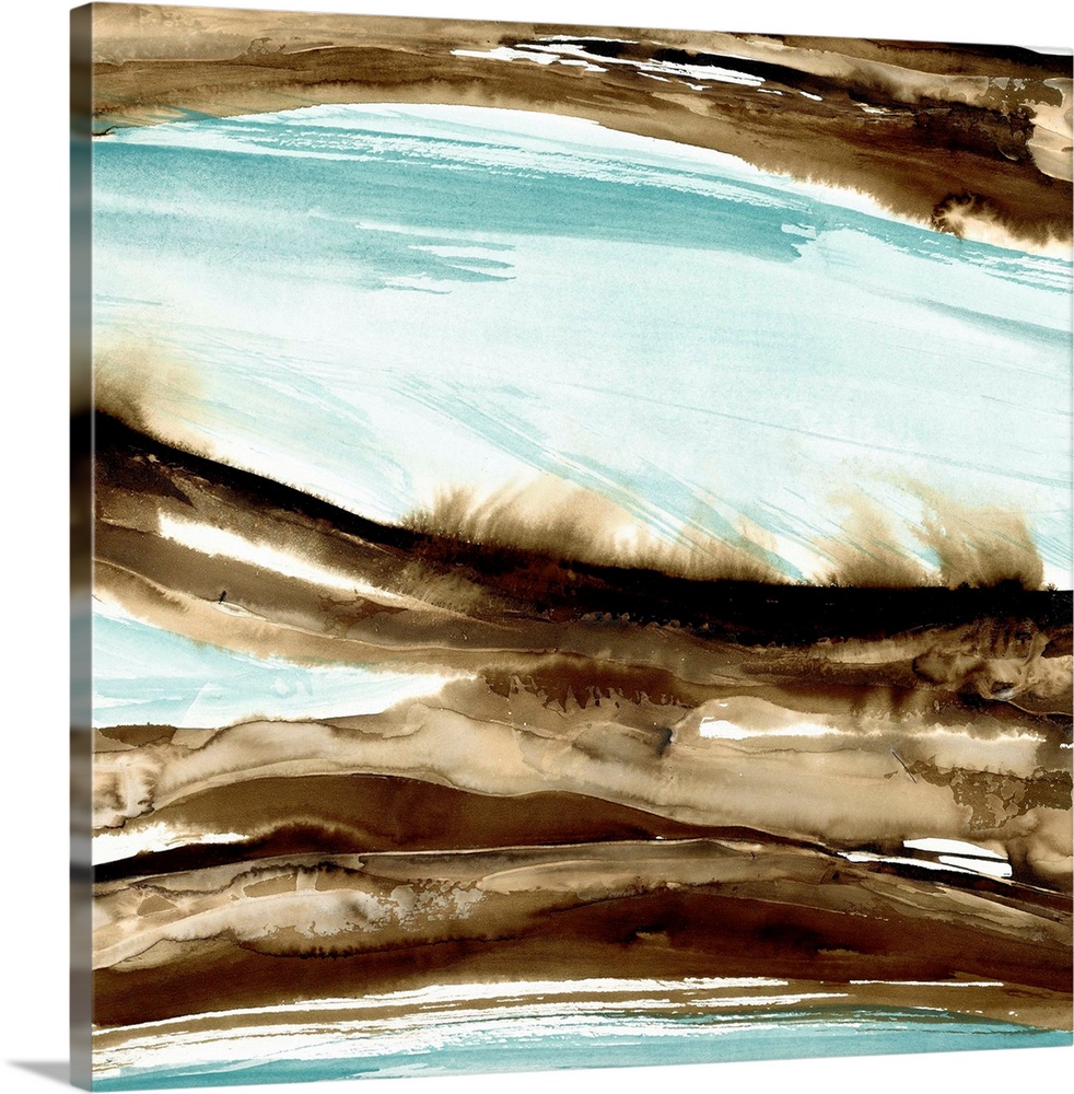Abstract watercolor artwork of brown waves over teal blue.