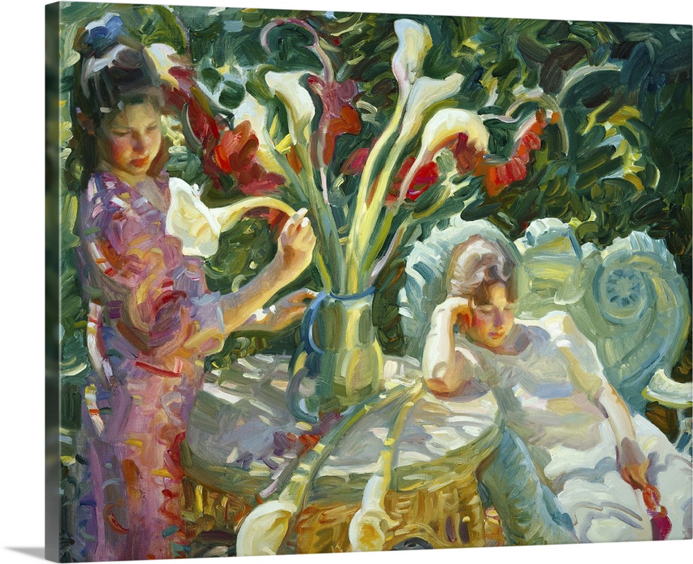 A contemporary painting tow girls sitting at a table in a garden.