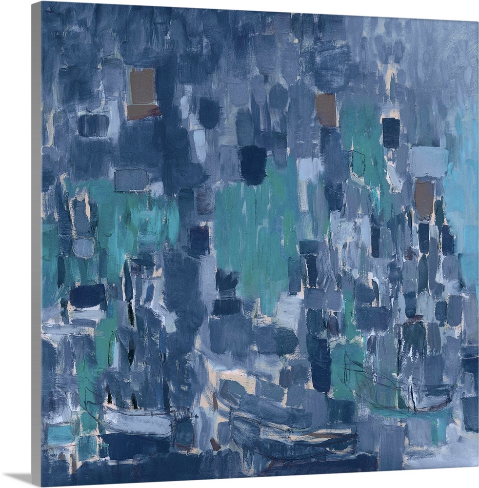 Square abstract painting made up of small geometric square and rectangular brushstrokes in shades of blue and grey with sm...