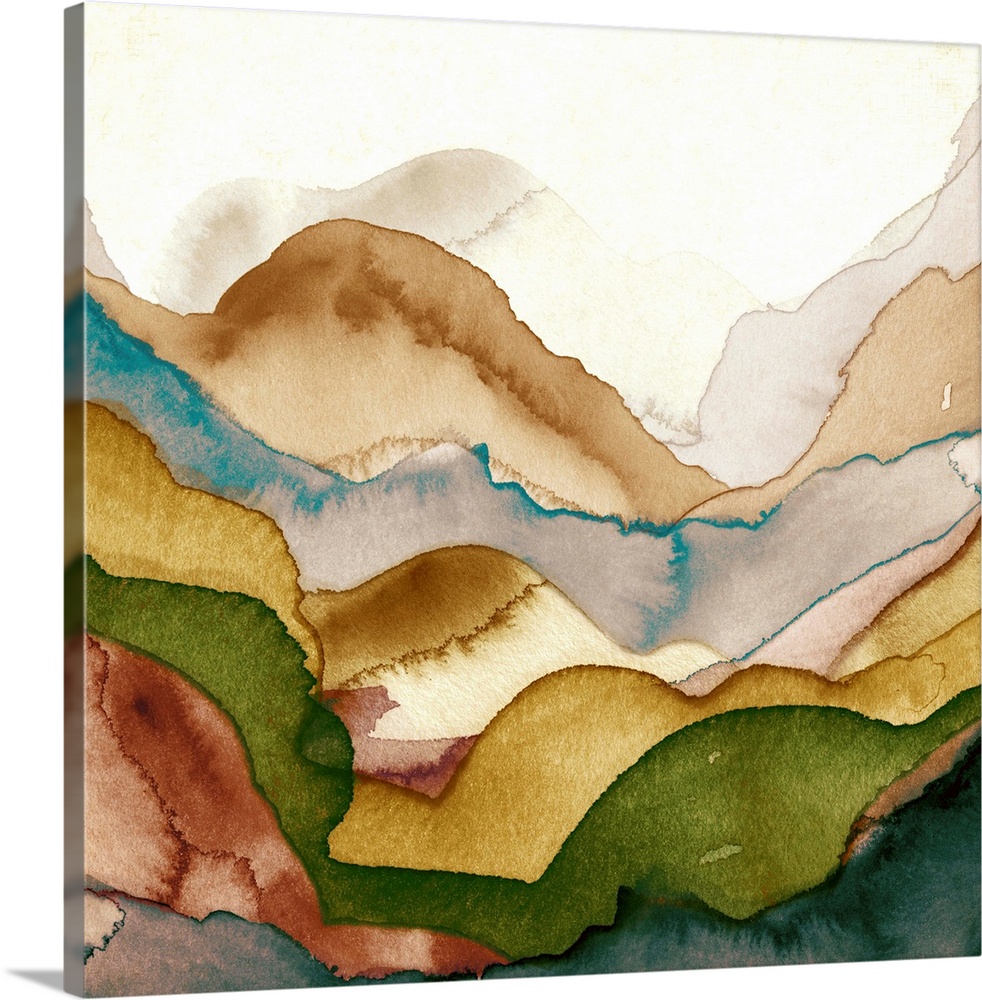 Contemporary abstract watercolor painting of different layers overlapping resembling a landscape.