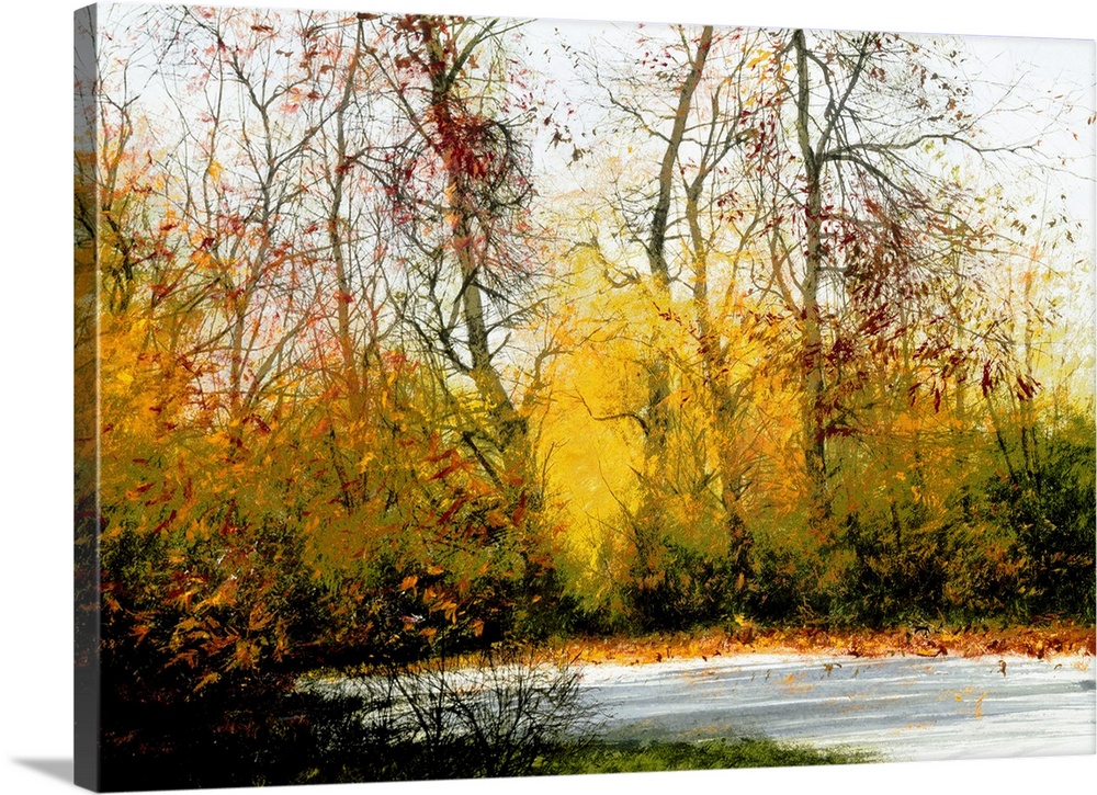 Contemporary painting of an Autumn landscape with brightly colored trees.