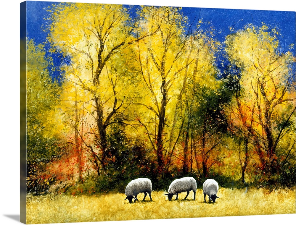 Contemporary painting of three sheep grazing in an Autumn field.